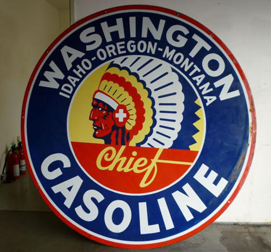 Washington Chief Gasoline double-sided porcelain sign with full headdress Indian profile. Image courtesy Matthews Auctions.